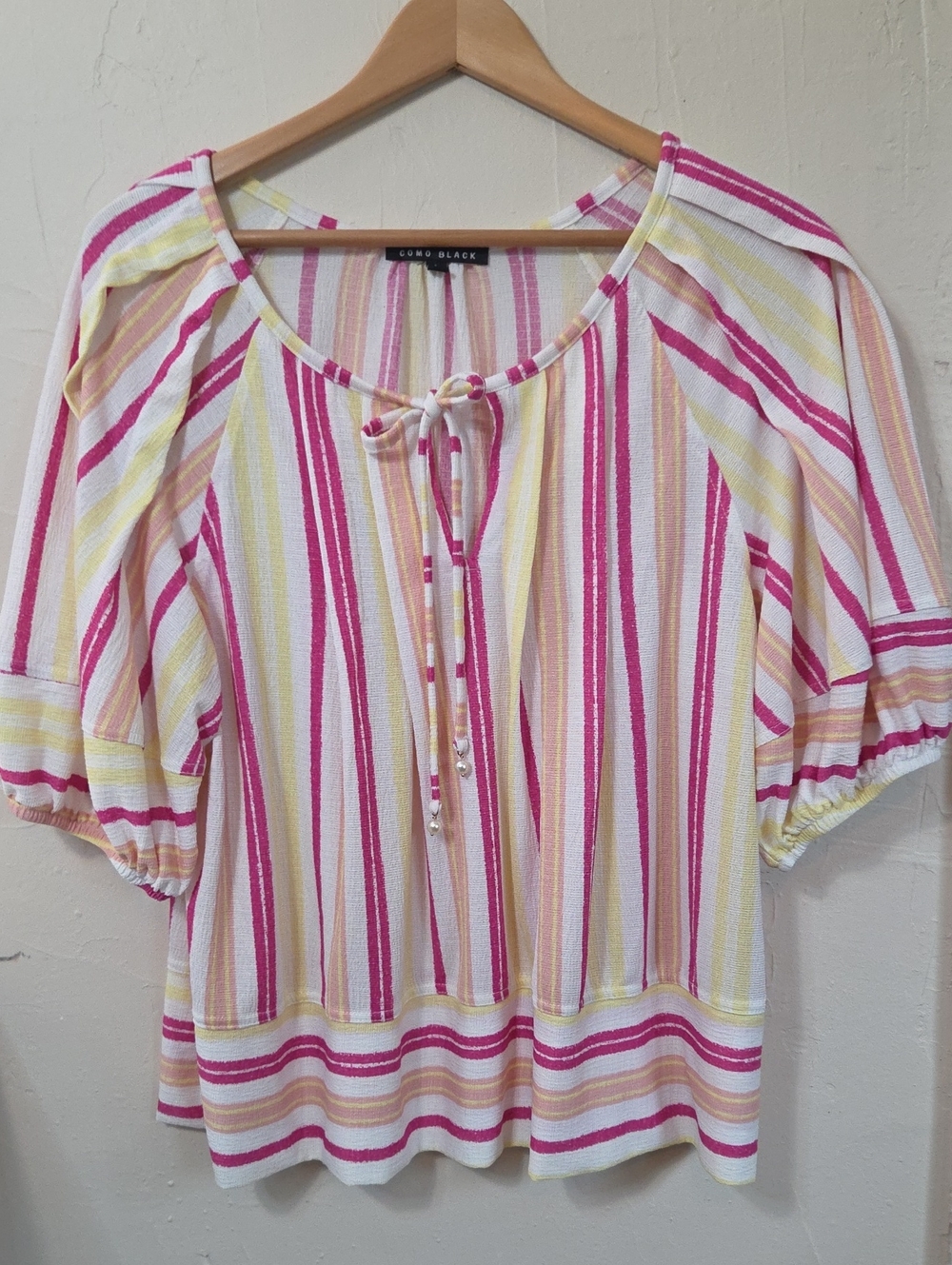 Como Black Pink & Yellow Striped Tie-Neck Peasant Top